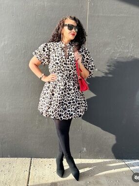 NWT HM Leopard Print Short Sleeve Tie-Waist Dress in Black & Cream